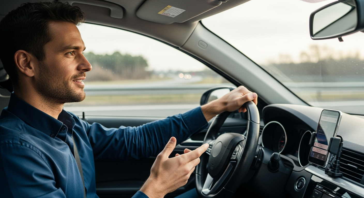 Salesperson driving, speaking hands-free to their AI sales advisor